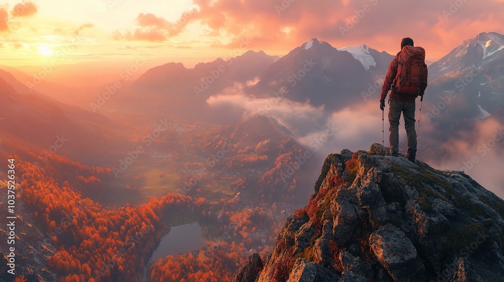 Conquering the Summit: A lone hiker stands triumphantly on a mountain peak, gazing at a breathtaking sunset over a vast, autumnal landscape.  A powerful image of achievement and the beauty of nature.