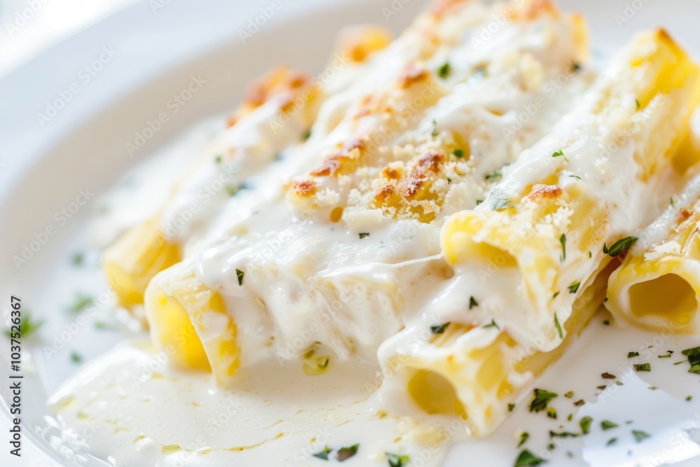 Pasta tubes covered in creamy sauce with herbs are arranged on a white plate. Concept is delicious Italian cuisine. For food blogs and menu designs.