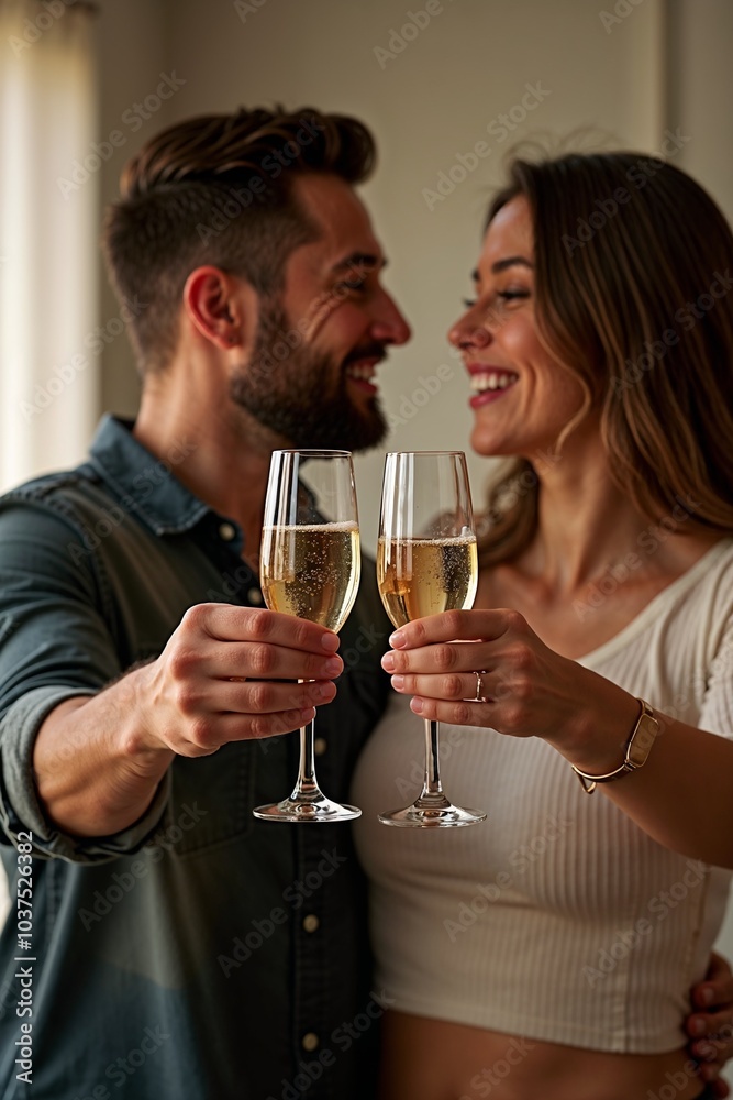 Smiling couple toasting with champagne on Valentine's Day Smiling couple toasting with champagne on Valentine's Day