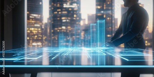 holographic table of an architect where he is projecting a building, futuristic office by day with a window in the background; 