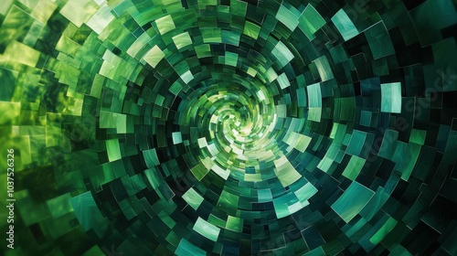 A mesmerizing, abstract digital artwork featuring a spiral of green tiles in varying shades. A stunning modern display of color and texture.