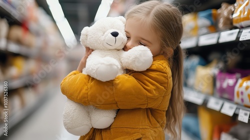 A little girl wearing a mustard jacket joyfully hugs a white teddy bear in a toy store aisle, creating a sense of warmth and comfort amidst plush toys. photo