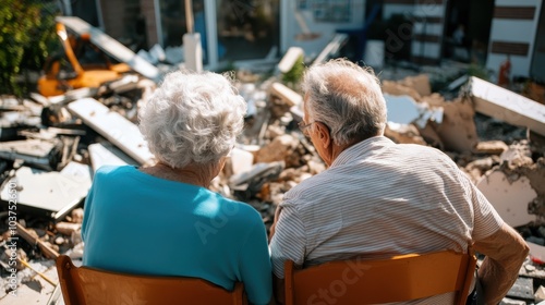 A couple quietly overlooks the extensive urban destruction caused by an earthquake, symbolizing unity and hope against the backdrop of chaos and uncertainty.