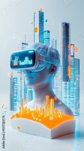3D illustration of a man wearing VR glasses, a piece of land in the middle and five high-rise buildings with eye-catching words on them, with icons business, technology, and digital marketing