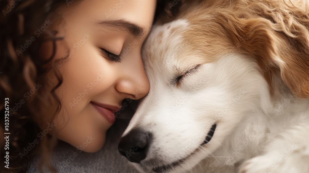 A woman adoringly rests next to a fluffy white dog, both appearing blissfully content, emphasizing the happiness and tranquility found in their simple companionship.