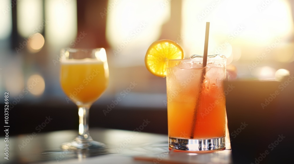 A refreshing cocktail glass adorned with a lemon slice sits on a sunlit table, alongside another drink, capturing a perfect summer afternoon vibe in a bright setting. A refreshing cocktail glass adorned with a lemon slice sits on a sunlit table, alongside another drink, capturing a perfect summer afternoon vibe in a bright setting.