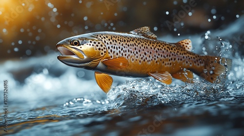 A brown trout leaps from the water, creating splashes and reflecting light in a dynamic scene.