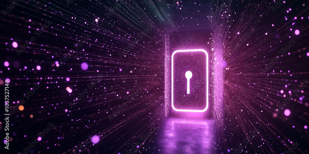 A big front lock, The digital panel turns into particles, and the particles form a big front lock, purple light