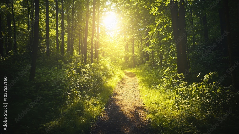 Forest Path to Hope: A sunlit path weaves through a vibrant forest, offering a sense of tranquility and the promise of new beginnings.