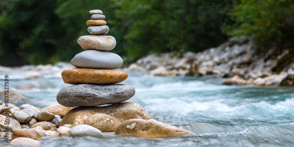 Fototapeta premium A pile of rocks sits beside a flowing river