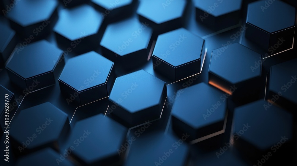 This abstract image features a close-up view of hexagonal shapes in blue tones, elegantly arranged to showcase a modern design aesthetic.