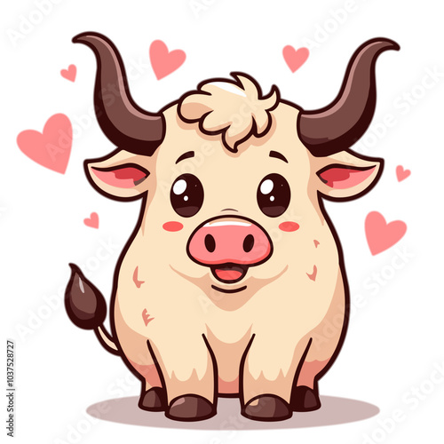 Cute cartoon cow vector illustration, kawaii animal character with hearts