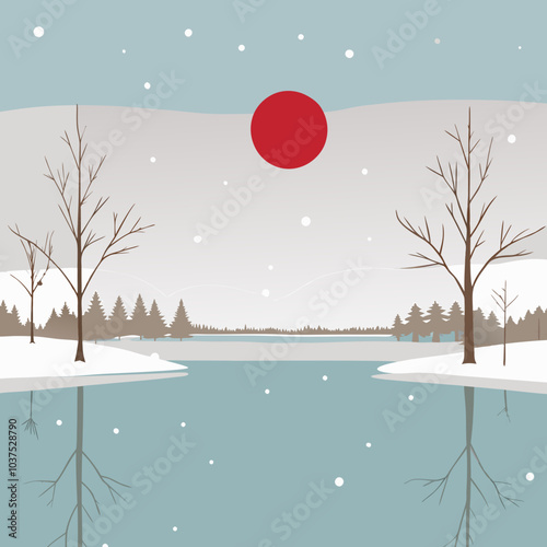 Winter lake landscape with red sun and snow-covered trees reflecting in water