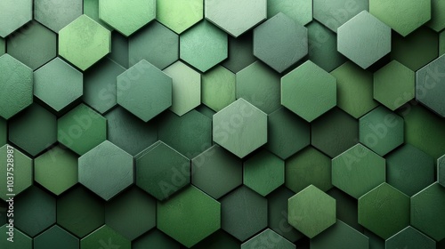 A visually appealing arrangement of green hexagons creates depth and texture, suitable for modern design projects. The geometric shapes form an abstract background. photo