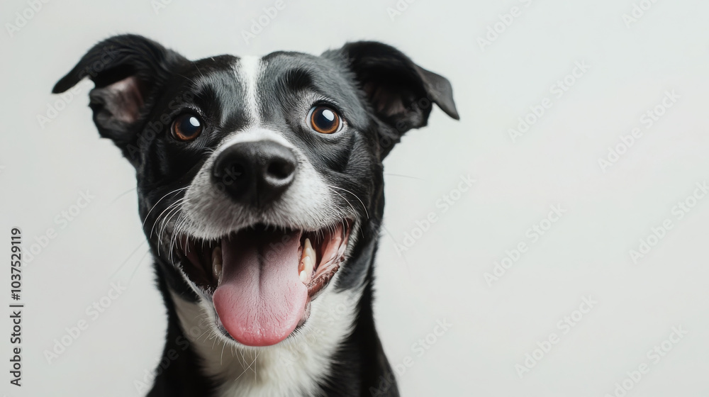 Happy black and white dog smiling with tongue out against white background Happy black and white dog smiling with tongue out against white background