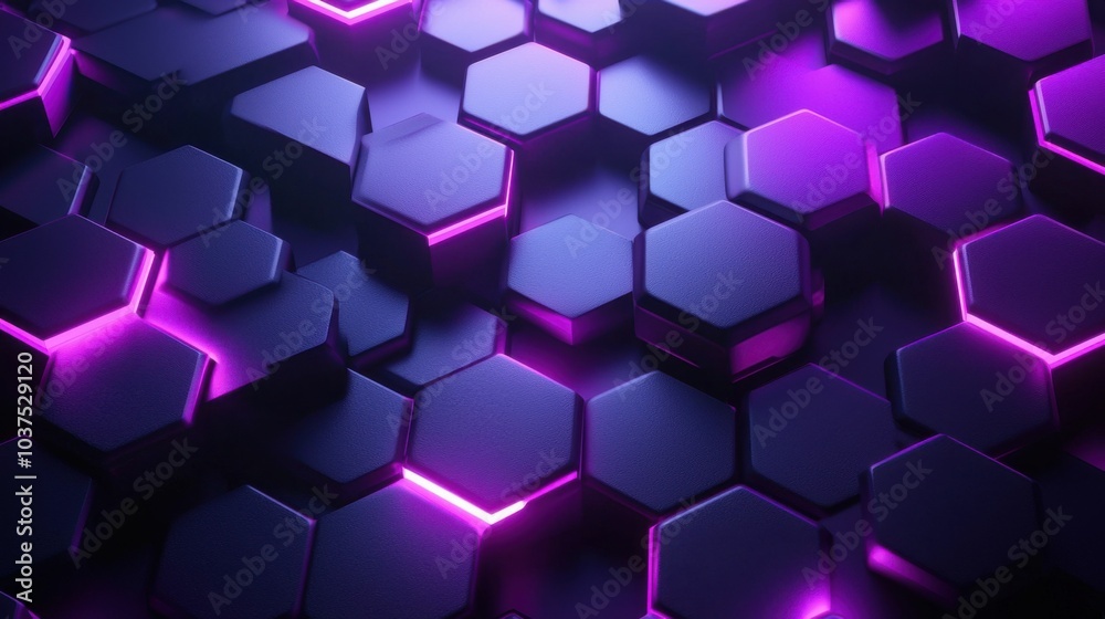 A vibrant arrangement of hexagonal shapes illuminated by a purple glow, showcasing modern geometric design against a dark background. A vibrant arrangement of hexagonal shapes illuminated by a purple glow, showcasing modern geometric design against a dark background.