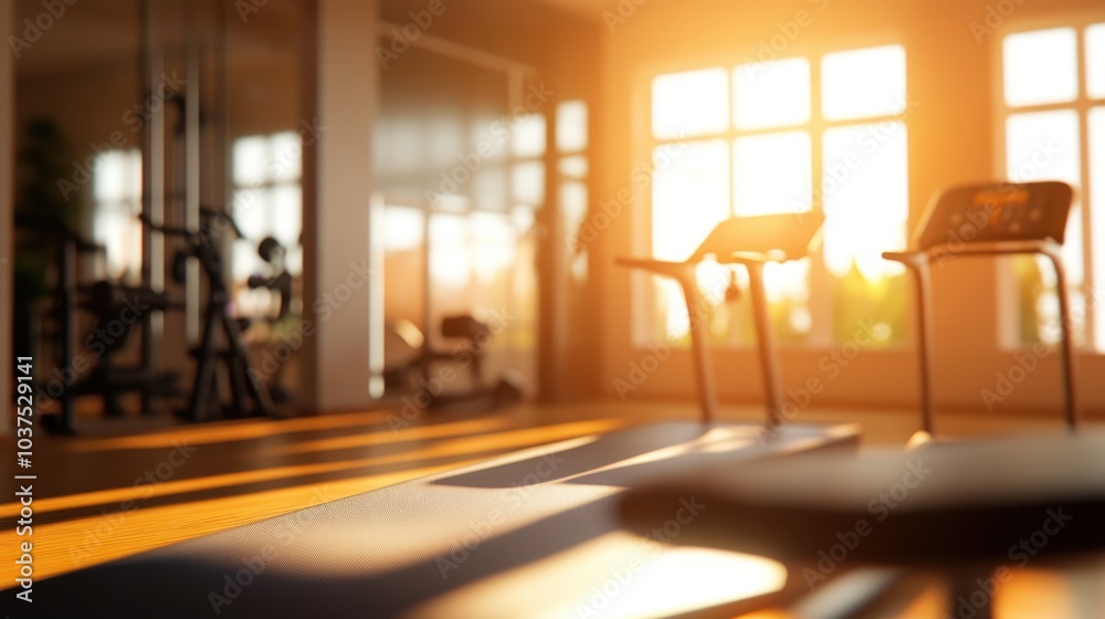 A serene gym bathed in warm sunlight, highlighting a yoga mat in the foreground with gym equipment visible in the blurred background, representing focus and balance. A serene gym bathed in warm sunlight, highlighting a yoga mat in the foreground with gym equipment visible in the blurred background, representing focus and balance.
