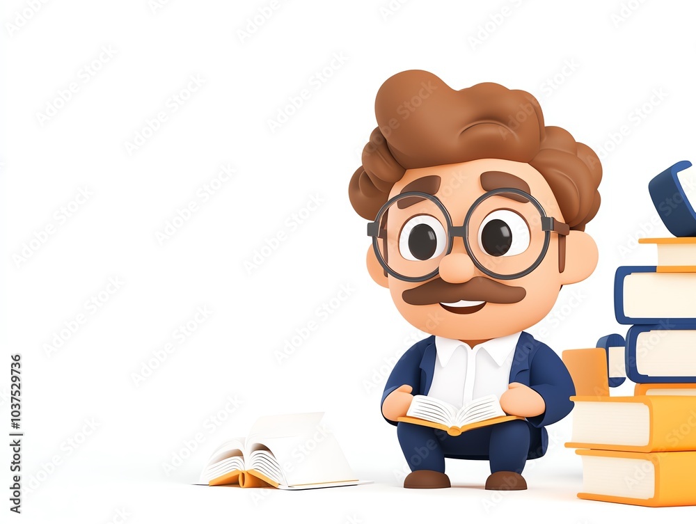 Cartoon man with beard and glasses holding a book surrounded by books. Cartoon man with beard and glasses holding a book surrounded by books.
