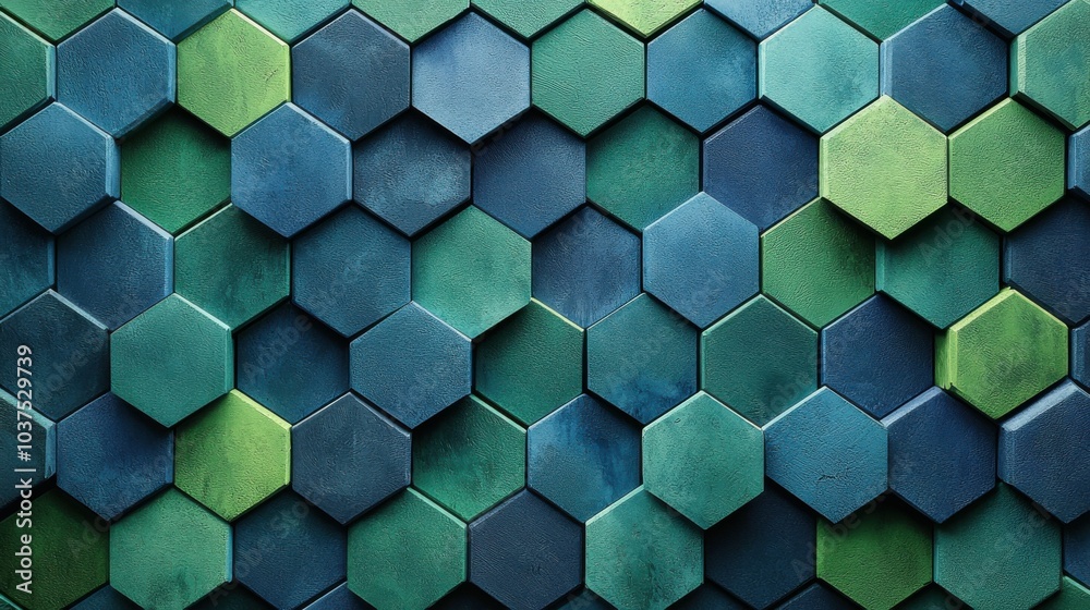 This image features a modern hexagonal tile pattern in various shades of blue and green, showcasing an elegant textured design. This image features a modern hexagonal tile pattern in various shades of blue and green, showcasing an elegant textured design.
