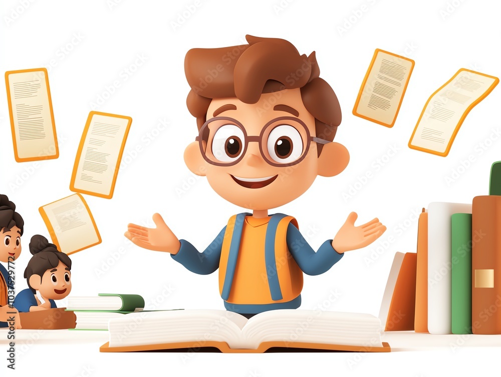 Cartoon young man reading a book with glasses which surrounded by books. Cartoon young man reading a book with glasses which surrounded by books.