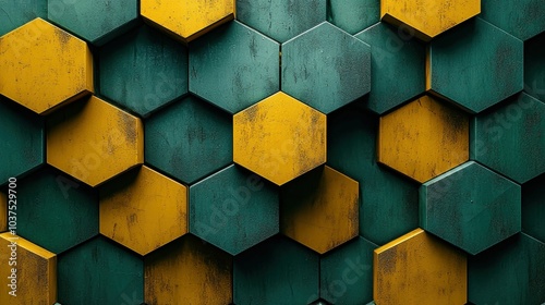 This image features a creative hexagonal wall design with green and yellow panels, showcasing a geometric modern aesthetic. photo