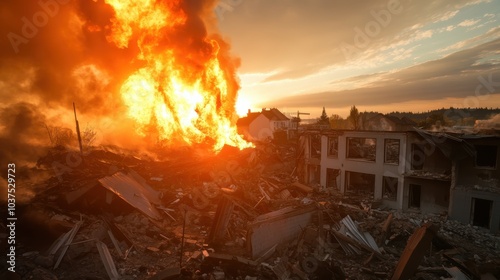 A burning cityscape at dusk with raging flames engulfing buildings, creating an intense, vivid scene of destruction, chaos, and urgency against a dramatic sky.