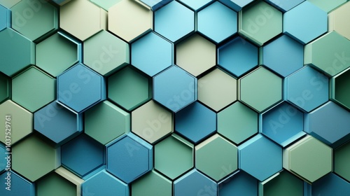 An abstract image of hexagonal patterns in shades of blue and green, showcasing modern geometric design elements. Perfect for backgrounds and digital displays.