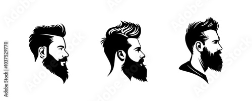 Stylized male heads showcasing trendy beard and hairstyle looks.