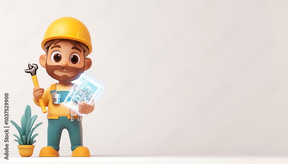 Cartoon construction worker holding wrench and blueprint. Cartoon construction worker holding wrench and blueprint.
