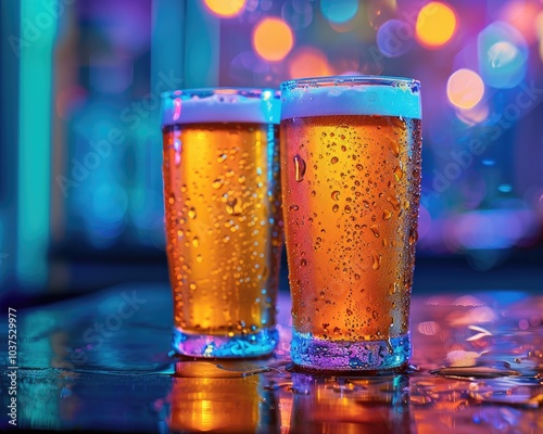 Two glasses of beer with condensation on a bar counter, illuminated by colorful lights. photo