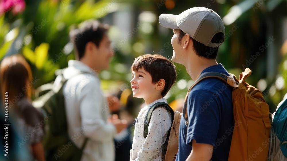 A smiling family, including a father and son, enjoy a day in nature, with backpacks on, highlighting the simple joys of adventure and outdoor exploration together.