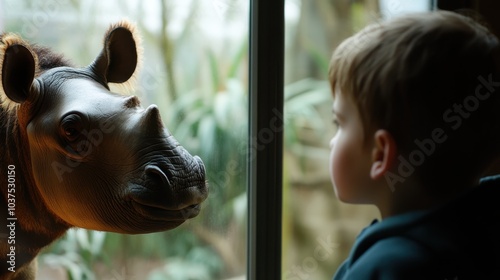 A young child gazes through a window at a rhinoceros, closely observing the animal in a naturalistic zoo setting filled with lush greenery surrounding them.