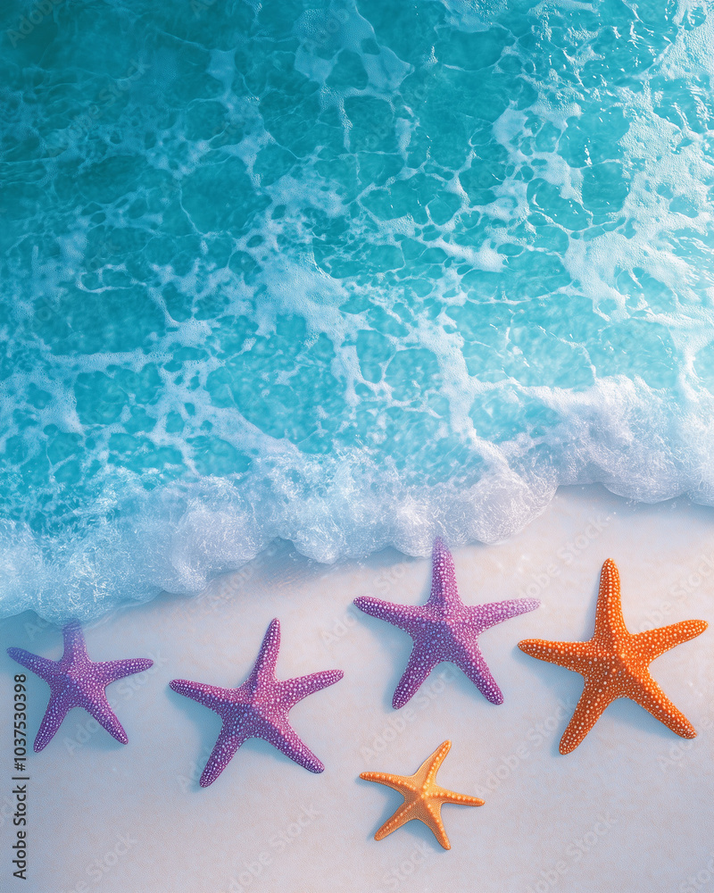 Light blue ocean water and white sand beach with small orange and purple starfish Light blue ocean water and white sand beach with small orange and purple starfish