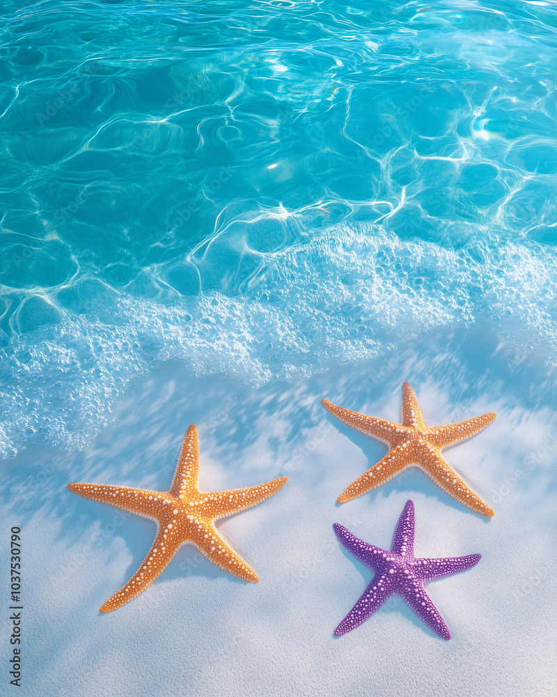 Light blue ocean water and white sand beach with small orange and purple starfish Light blue ocean water and white sand beach with small orange and purple starfish
