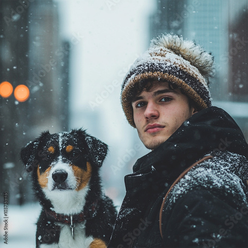 portrait of a young man in winter attire. Winter snowy city background. 