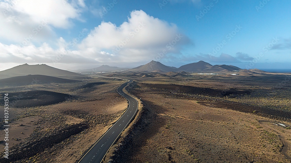 Lanzarote's Volcanic Highway: Aerial view of a winding road cutting through the dramatic volcanic landscape of Lanzarote, Canary Islands.