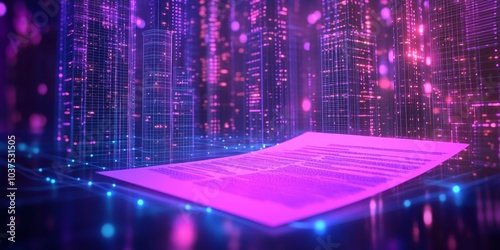  buildings with paper contract with a pen illustration and glowing dots for website design and digital marketing concept illustration. violet and blue background. Low-poly wire frame