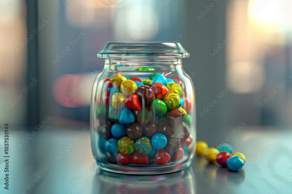 A glass jar filled with colorful candies sits on a table. Concept of sweetness and temptation. For candy store advertisements.