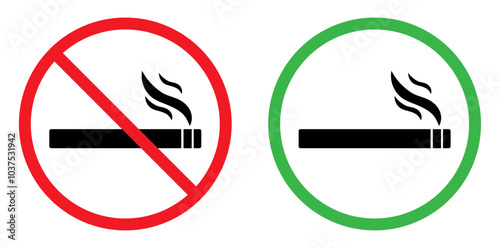 No smoking sign vector icon set. Allowed smoking and prohibited sign symbol. Do not smoking in this area. No smoking sign symbol. Flat style. Vector illustration.