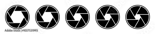 Silhouette camera lens diaphragm collection. Camera shutter vector icons set. Camera photography icons. Lens aperture, photo shutter, photo lens, shutter lens isolated set. Vector illustration.