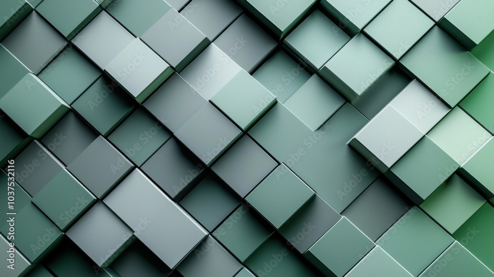 An abstract design featuring a close-up of overlapping geometric cubes in varying shades of green, creating a textured and visually appealing pattern.