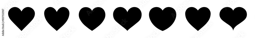 Silhouette black heart icon set in different shape isolated on a white background. Heart icon set. Black hearts symbol, love sign, heartbeat silhouette, heart pictograms isolated. Vector illustration. Silhouette black heart icon set in different shape isolated on a white background. Heart icon set. Black hearts symbol, love sign, heartbeat silhouette, heart pictograms isolated. Vector illustration.