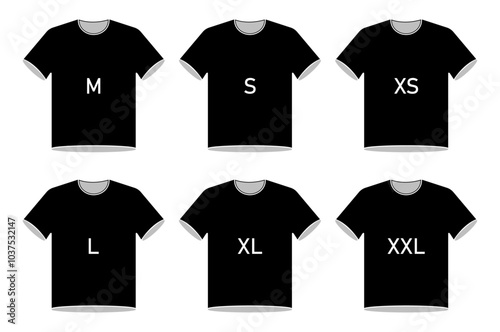 T-shirt size vector icon set in black color isolated on a white background. Clothing size label or tag. From xs to xxl. T-shirt icon collection. isolated vector illustration.