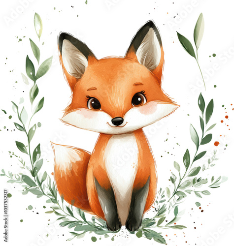 Sweet fox sitting with foliage, woodland animal illustration
 photo