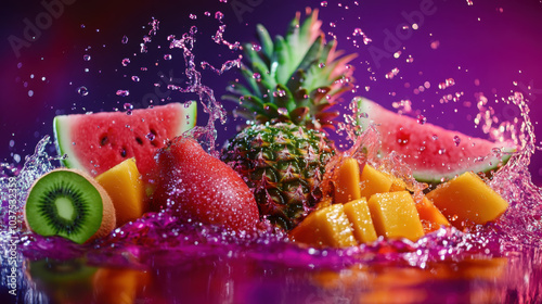 Fototapeta Naklejka Na Ścianę i Meble -  Vibrant splashing tropical fruits in dynamic motion with water droplets