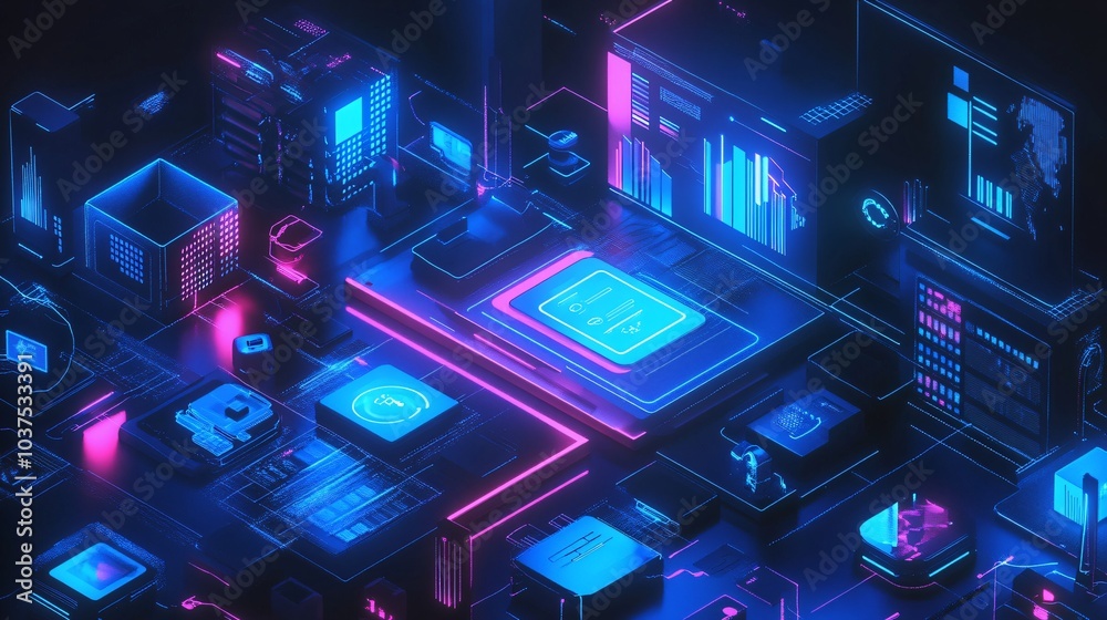 Futuristic digital interface with glowing blue and pink lines. Futuristic digital interface with glowing blue and pink lines.