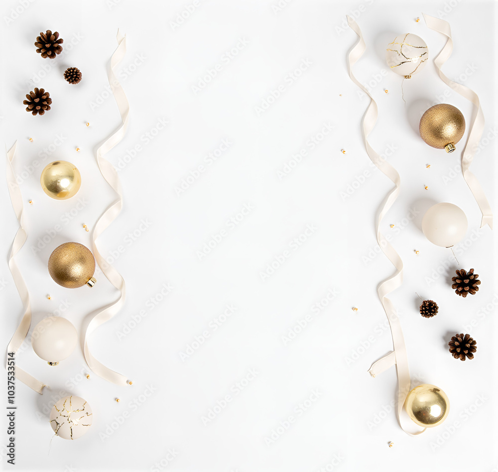 Fototapeta premium Golden Christmas ornaments and pinecones with elegant ribbons on white background with copy space