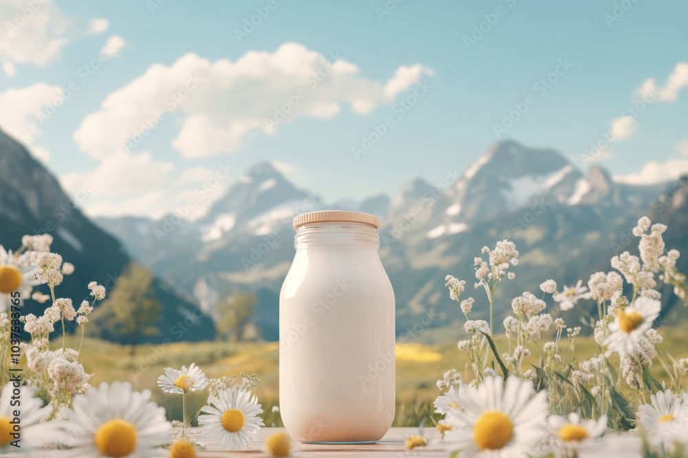 Bottle of milk in meadow surrounded by wildflowers, with mountains in the background