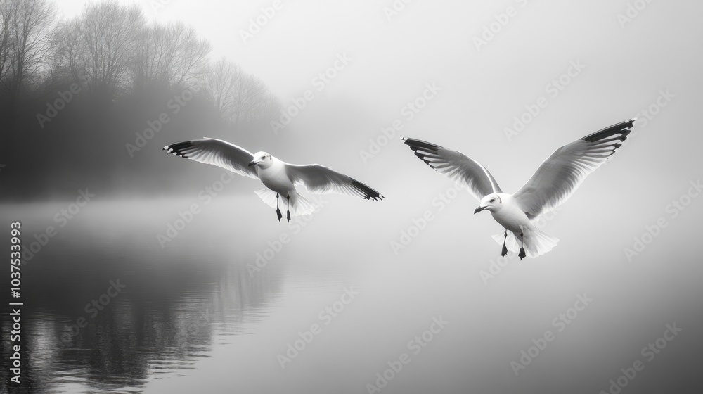 Obraz premium Seagulls Flying Over Misty Water Surface