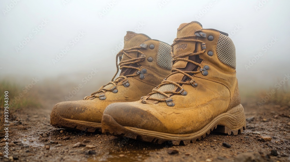 Hiking Boots in Foggy Wilderness Setting